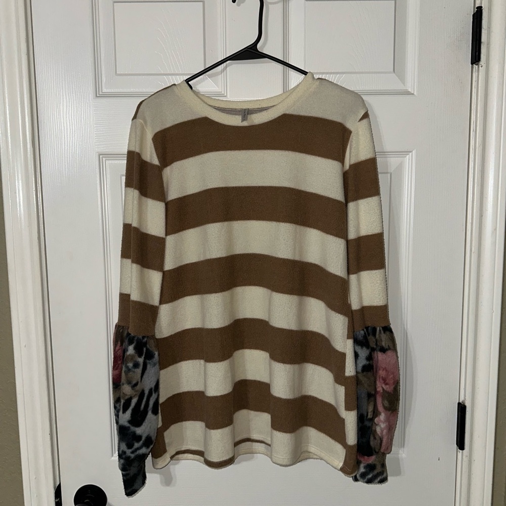 Acting Pro Brown and Cream Striped Sweater with Floral Sleeves